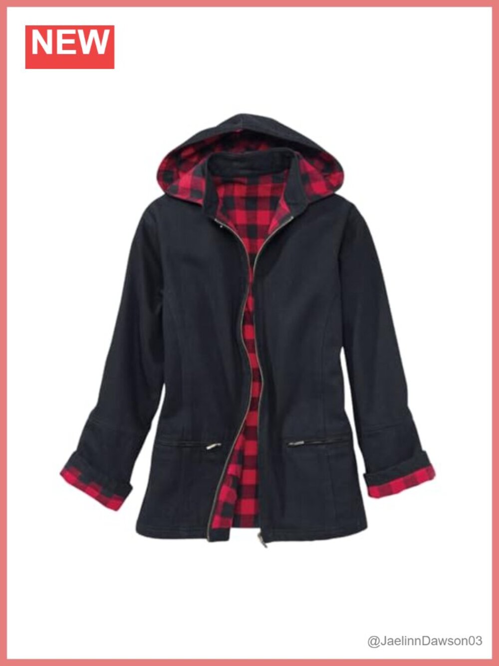 Flannel-Lined Denim Jacket Detachable Hood Zip Front Cotton